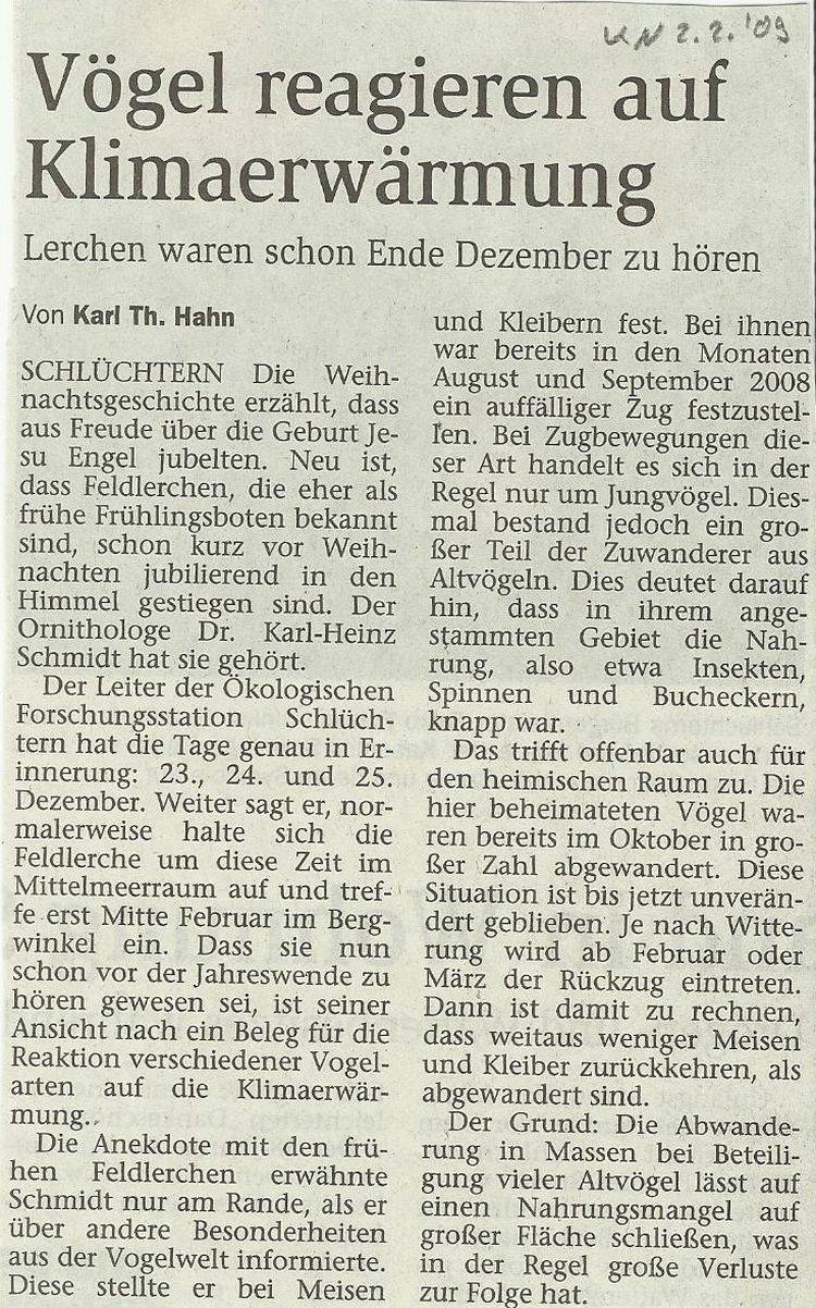 Presseartikel Vögel reagieren auf Klimaerwärmung