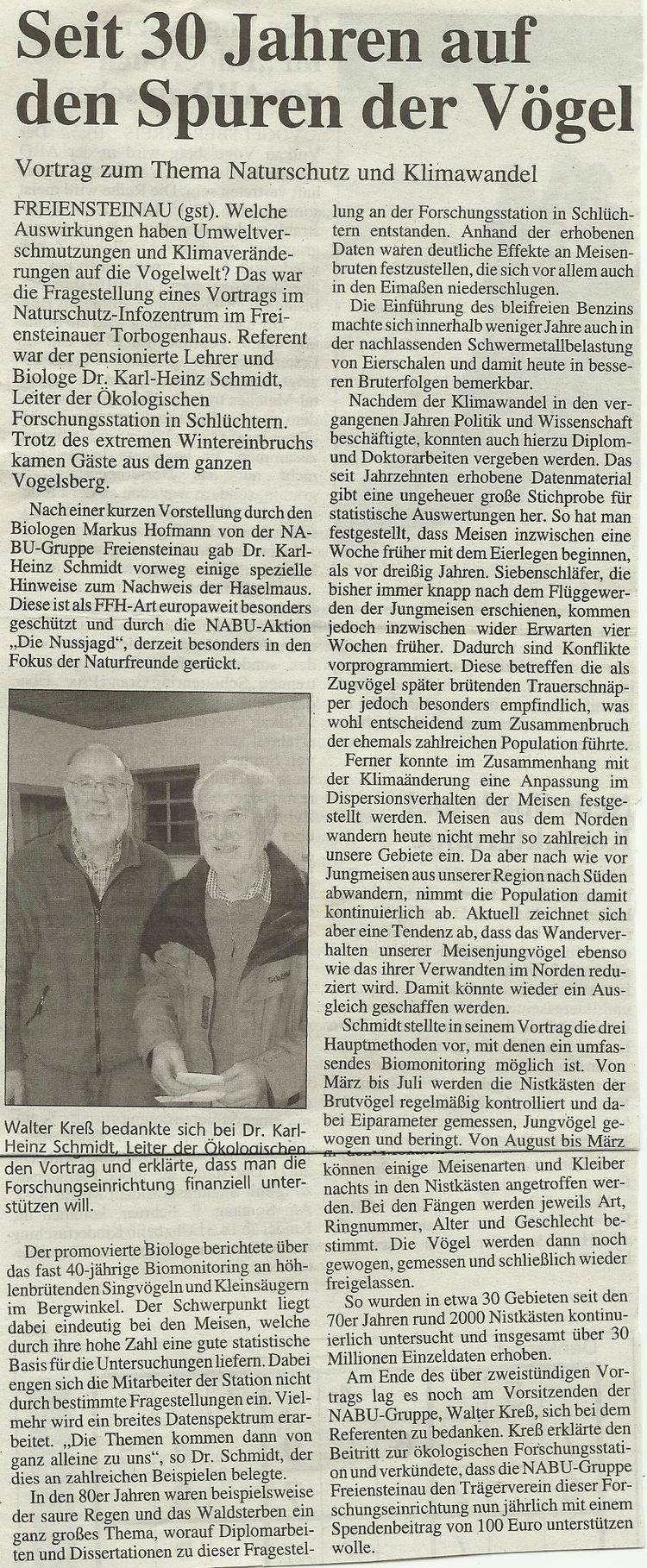 Presseartikel Set 30 Jahren auf den Spuren der Vögel - Vortrag zum Thema Naturschutz und Klimawandel