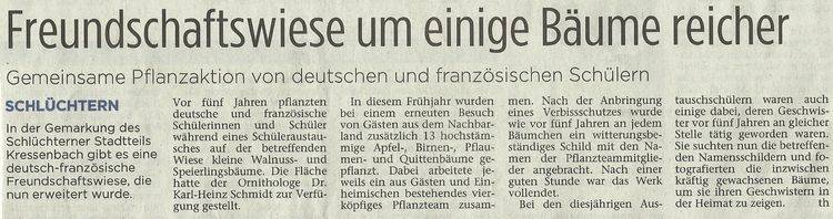 Presseartikel Freundschaftswiese um einige Bäume reicher - gemeinsame Pflanzaktion von deutschen und französischen Schülern