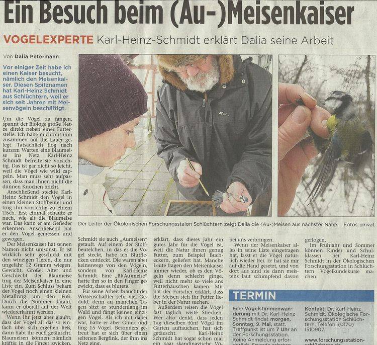 Presseartikel Ein Besuch beim (Au-)Meisenkaiser - Vogelexperte Karl-Heinz Schmidt erklärt Dalia seine Arbeit