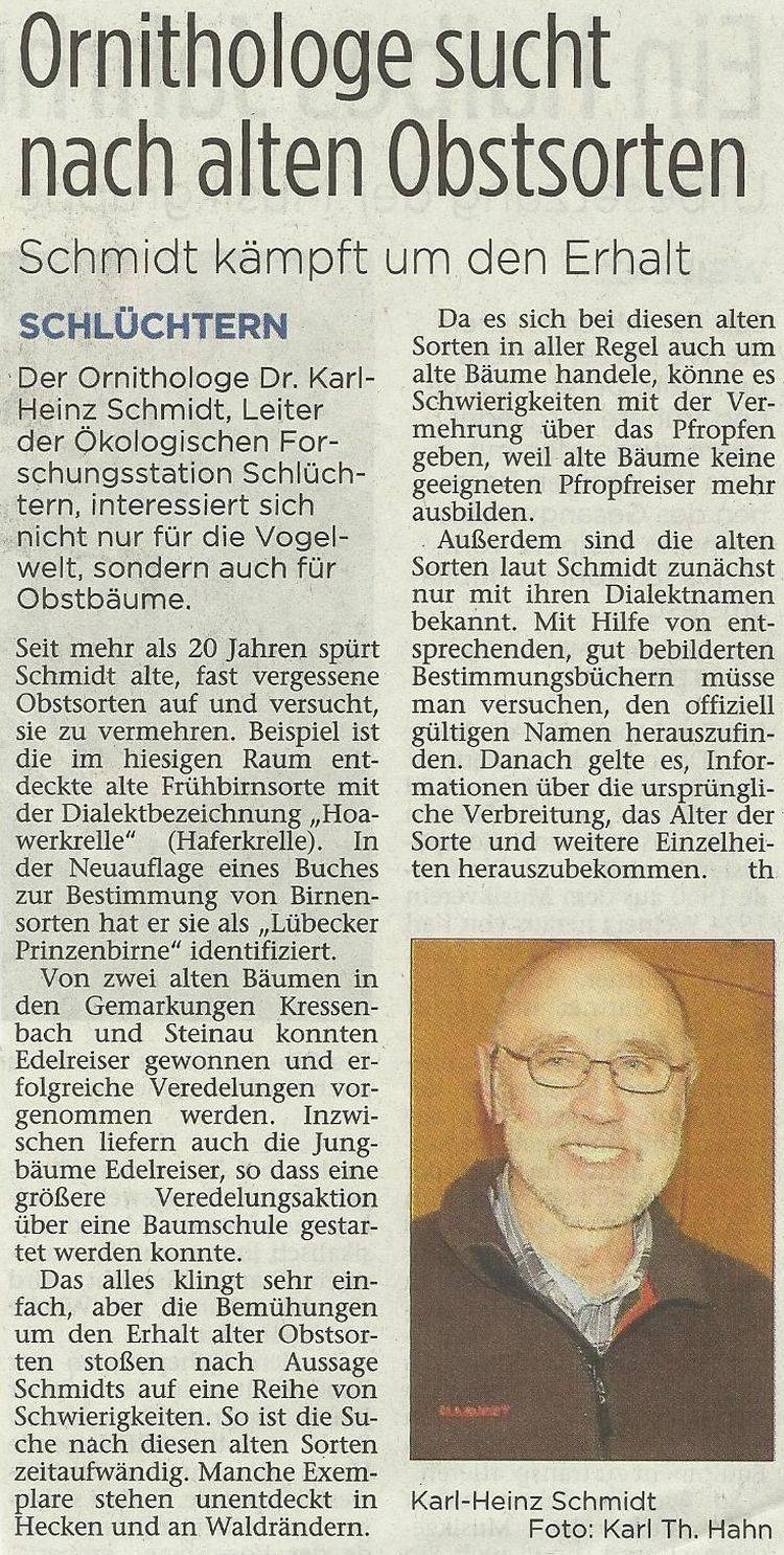 Presseartikel - Ornithologe sucht nach alten Obstsorten - Schmidt kämpft um den Erhalt