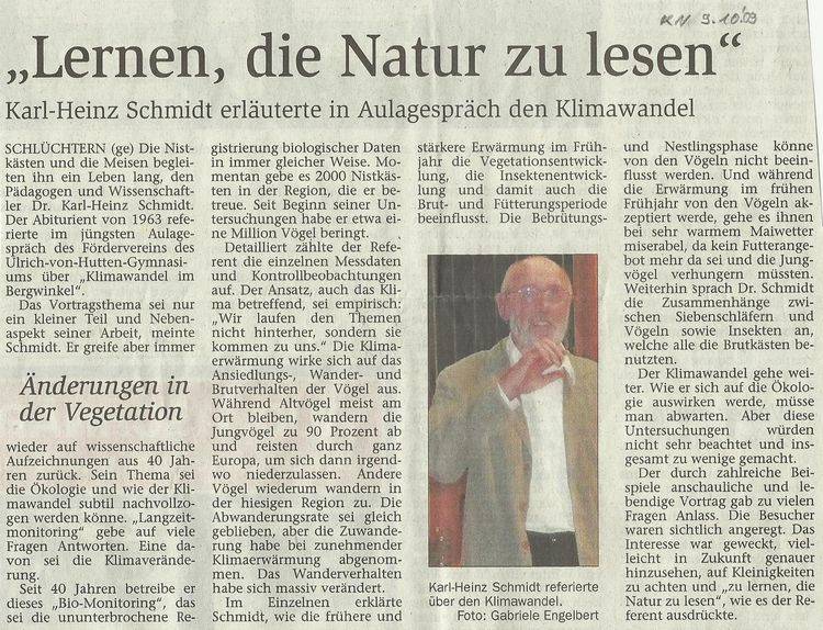 Presseartikel "Lernen, die Natur zu lesen" Karl-Heinz Schmidt erläuterte in Aulagespräch den Klimawandel