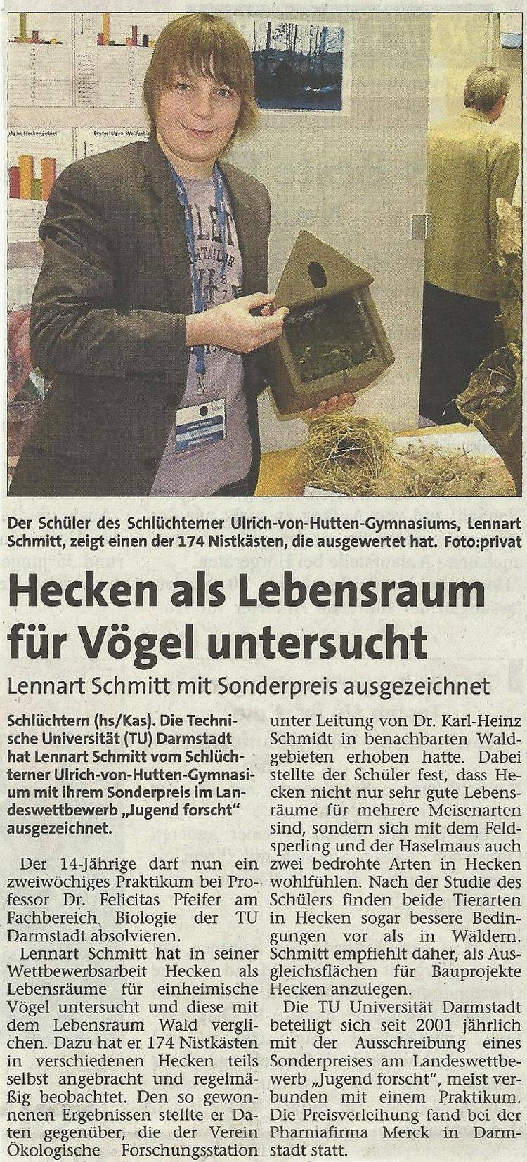 Presseartikel Hecke als Lebensraum für Vögel untersucht - Lennart Schmitt mit Sonderpreis ausgezeichnet