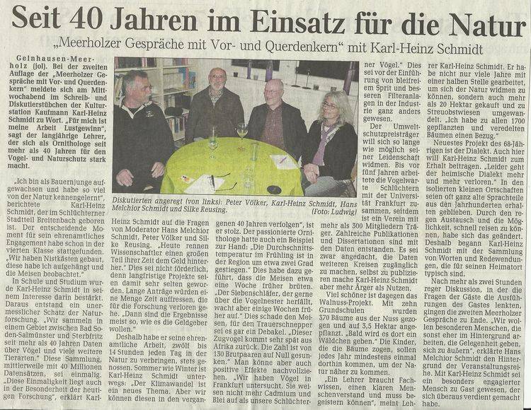 Presseartikel - Seit 40 Jahren im Einsatz für die Natur - "Meerholzer Gespräche mitVor- und Querdenkern" mit Karl-Heinz Schmidt